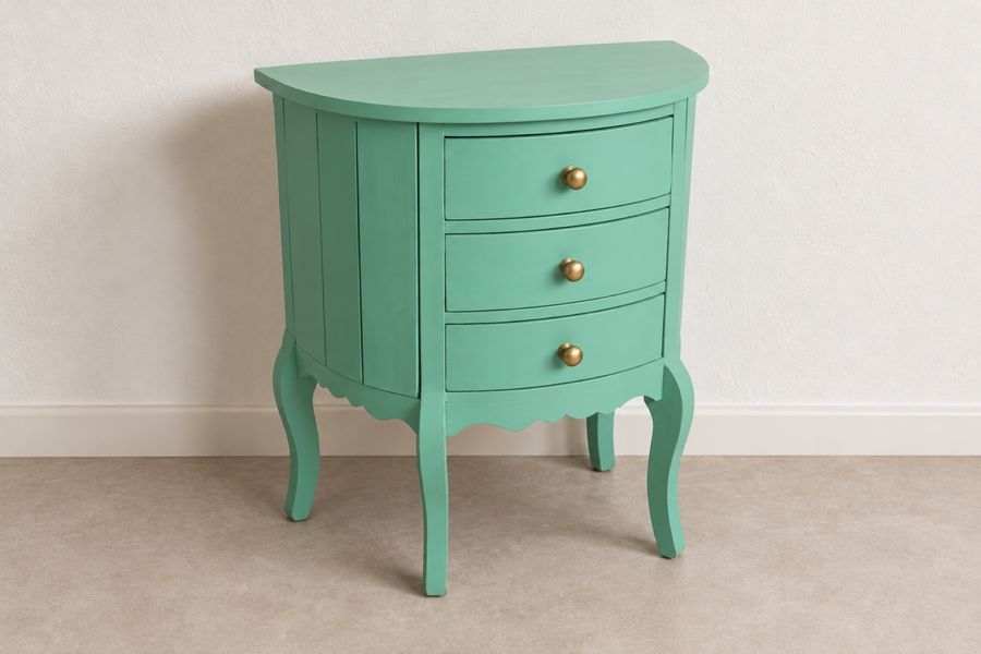 The finished chest painted sage green with brass knobs